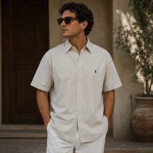 Ralph Lauren VTG SZ L Blake Short Sleeve Cotton Button Down Shirt Tan Relaxed